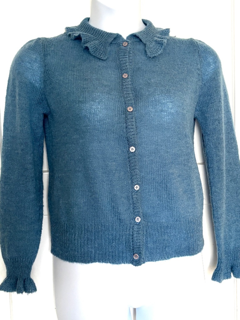 Vtg 80s Villager mohair look spring cardigan ruffled collar+cuffs blue sz med